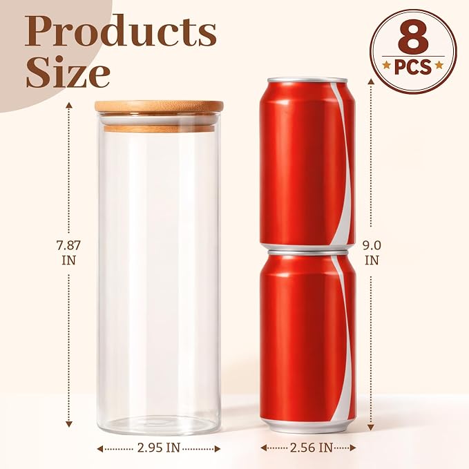 Stackable Glass Food Storage Containers with Lids [Set of 8 ], Airtight Glass Canister for Kitchen & Pantry Organization, Clear Borosilicate Jars for Pasta, Cereal, Flour, Sugar, Nuts
