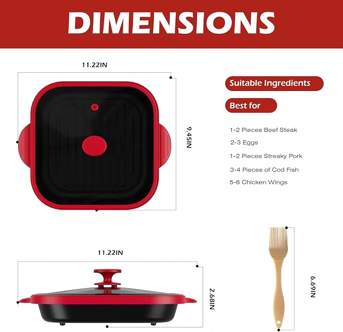 Microwave Grill Pan with Glass Cover - Bacon Cooker, Crisper & Grilled Cheese Maker, Microwave Cookware,Dishwasher Safe for Easy Clean