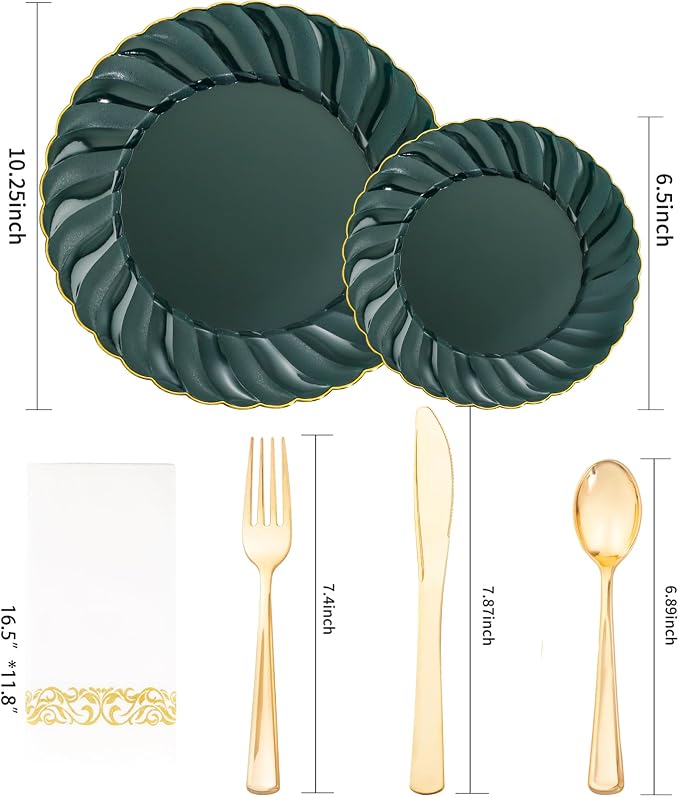 YOUBET 150PCS Emerald Green Plastic Plates for Party Wedding | Green and Gold Disposable Dinnerware Include 50 Plates, 25 Knives, 25 Forks, 25 Spoons, 25 Napkins Ideal