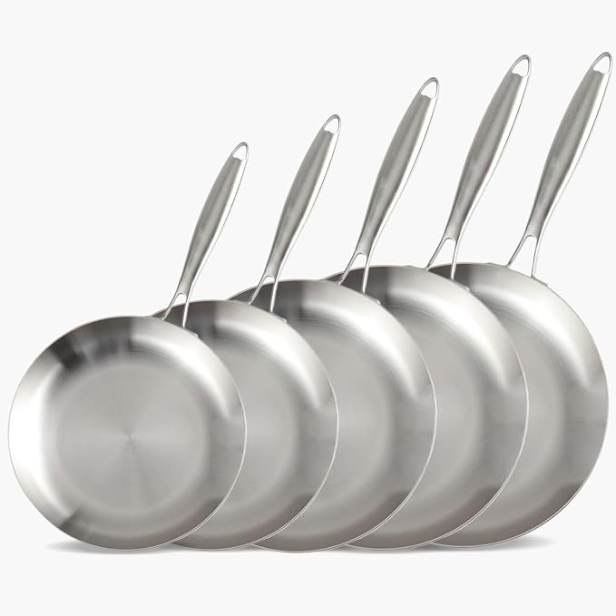 LOLYKITCH 8-9-10-11-12'' Frying Pan Set | Tri-Ply Stainless Steel Skillet | Fast & Even Heating | Stay-Cool Detachable Handle | Dishwasher and Oven Safe | Induction Ready | For Modern Home Kitchens