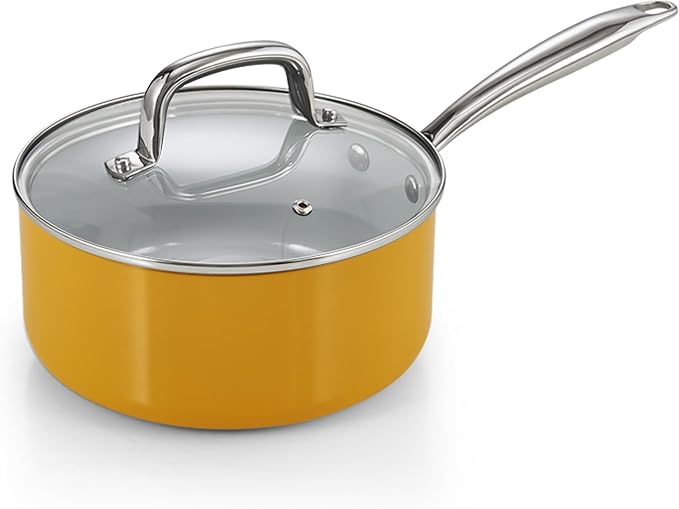 Cook N Home Classic 3 Quart Ceramic Nonstick Saucepan with Glass Lid, Everyday Soup Pasta Oatmeal Cooking Pan, Non Stick Sauce Pan Pot, Stay-Cool Handle, Induction Ready, Yellow