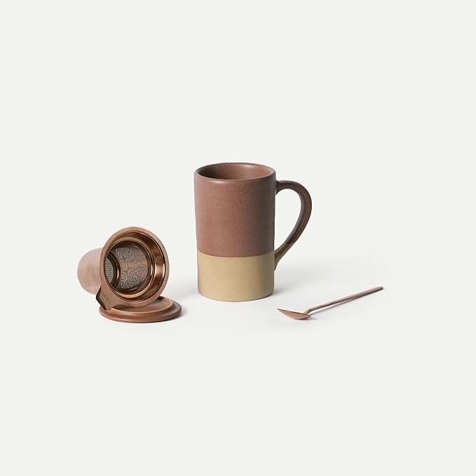 Mora Ceramics Tea Cup with Loose Leaf Infuser, Spoon and Lid 12 oz, Microwave and Dishwasher Safe Coffee Mug - Rustic Matte Ceramic Glaze, Modern Herbal Tea Strainer - Great Gift for Women, Terracotta