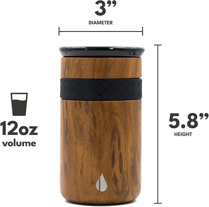 Elemental Artisan 12oz Triple-Wall Insulated Coffee Tumbler w/Ceramic Lid | Triple Wall Coffee Travel Mug, Reusable Stainless Steel Coffee Tumbler; Thermal Coffee Cups for Hot (6 Hrs) & Cold (18 Hrs)