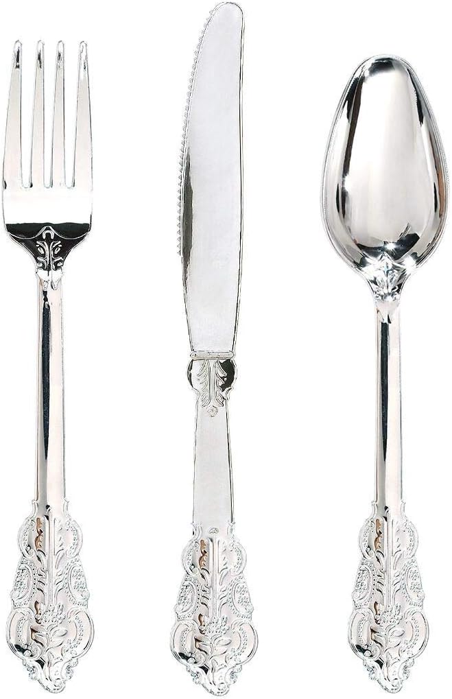 360 Pieces Silver Plastic Silverware- Disposable Flatware - Heavyweight Plastic Cutlery- Includes 120 Forks, 120 Spoons, 120 Knives for Christmas