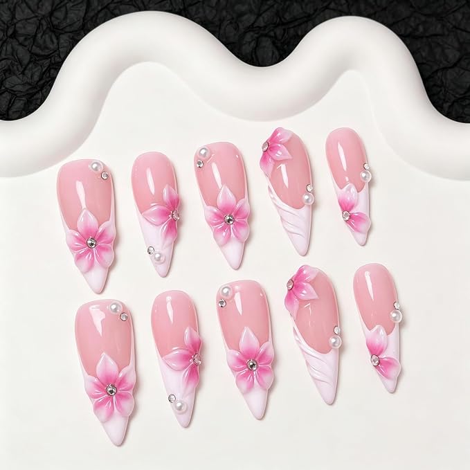 Handmade Press on Nails Long Stiletto Nails Press on with 3D Flower Charm Design Pink French Tips Stick on Nail Hand Made Glossy Fake Nail Luxury Pearl False Nails for Women (S)