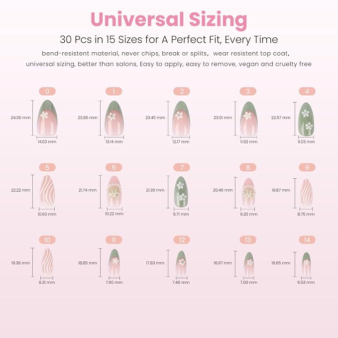 Nail Reformation Press On Nails, Garden of Pearls Short Almond Fake Nails | 15 Sizes 30 Pcs Floral French on Pink Green Shimmer Base in Glossy Finish, Reusable Stick On Nail Kit for Women Gifts
