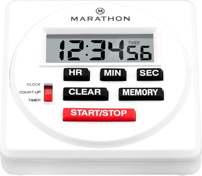 Marathon 24 Hour Digital Timer, White - Large, Easy-to-Read LCD Display - Loud Ring Alarm - Clock Feature - AA Battery Included
