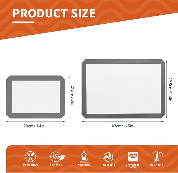 Silicone Baking Mat Set of 3, 2 Half Sheets (16.5"x11.6") + 1 Quarter Baking Sheet Reusable Silicone Cooking Mat, BPA Free Baking Sheet for Cookies, Macarons Bread & Pastry