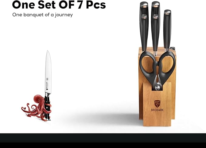 7Pcs Ultra Sharp Kitchen Knife Set, Acacia Wood Block with Scissors | Engineered for Balance with Durable German High Carbon Stainless Steel and Ergonomic Comfort Grip, Great Gift for Home Chefs