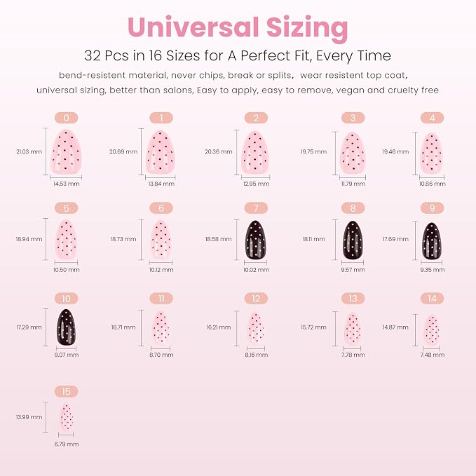 Nail Reformation Press On Nails, Double Dip | Polka Dot Short Almond 32 Pcs | 16 Sizes Fake Nails in Rich Brown and Creamy Pink with Glossy Finish, Reusable Stick On Nails, False Nail Kit for Women Gifts