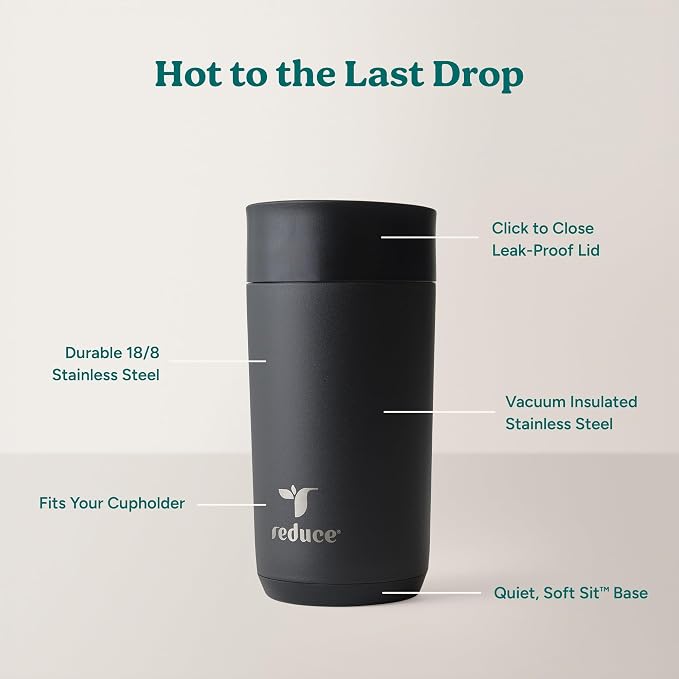 REDUCE Perk 10oz Insulated Coffee Tumbler – Leak-Proof with Lockable Lid and Vacuum Insulation – Durable Stainless Steel – Fits Car Cup Holders – One-Handed Travel Mug in Sand Leopard Print - Black