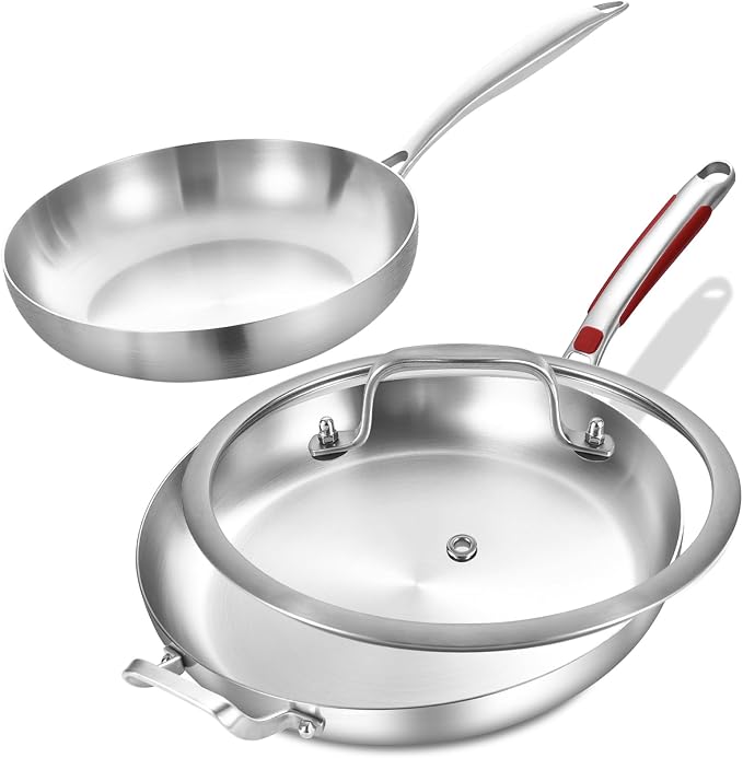 Inqibee 12-14 Inch Tri-Ply Stainless Steel Frying Pans Set with Lid | Fast & Even Heating, 14 Inch Large Skillet with Removable Silicone Handle, 12 Inch Skillet, Induction Ready, Dishwasher Safe