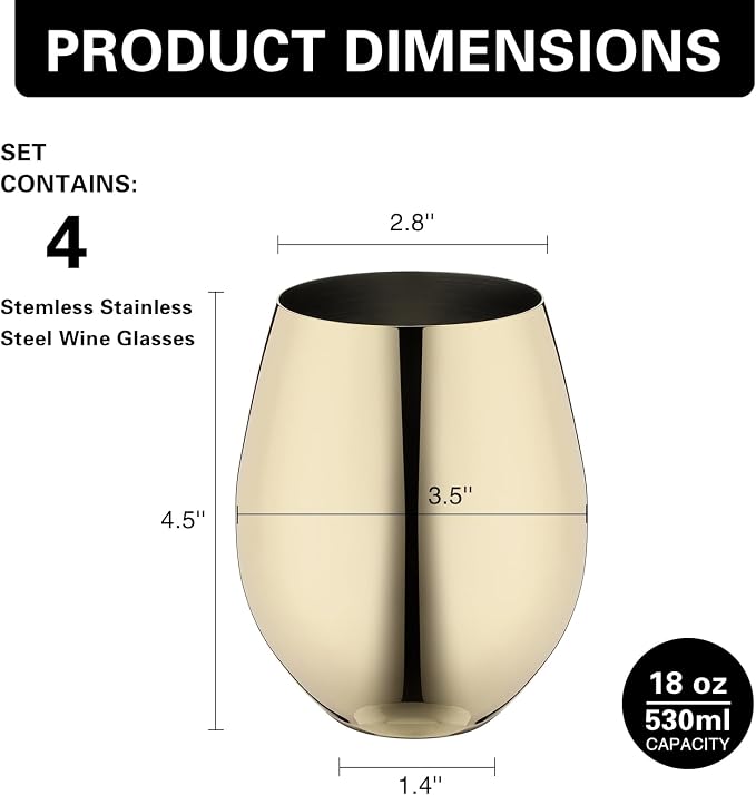 WOTOR Gold Wine Glasses Set of 4, 18oz Unbreakable Gold Goblet, Stemless Stainless Steel Wine Glass, Metal Wine Glass for Outdoor, Travel, Camping, Pool, Ideal Gift for Wine Lovers (Pack of 2)