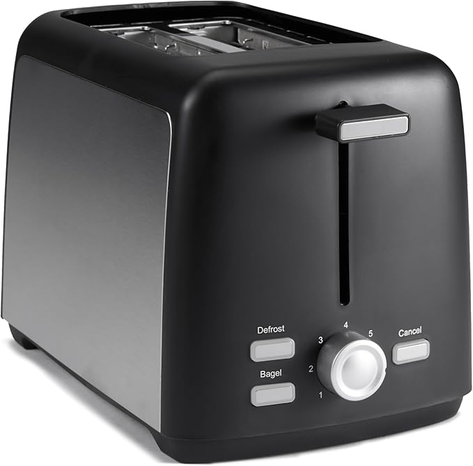 Amazon Basics 2 Slice Toaster, Extra Wide Slots for Bagels and Specialty Breads, 7 Browning Levels, Removable Crumb Tray, Defrost/Cancel/Bagel Buttons, 800W, Black & Silver