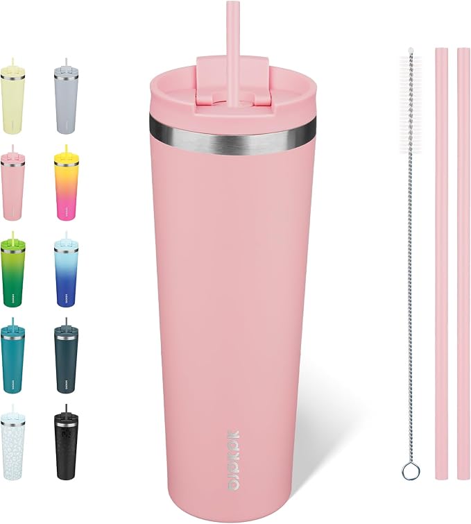 BJPKPK 30 oz Coffee Tumbler with Straw, Insulated Stainless Steel Cup | Double Wall Vacuum, Leak Proof Lid, Keeps Hot/Cold/Iced, BPA Free, Dishwasher Safe, Travel & Outdoor, Light Pink
