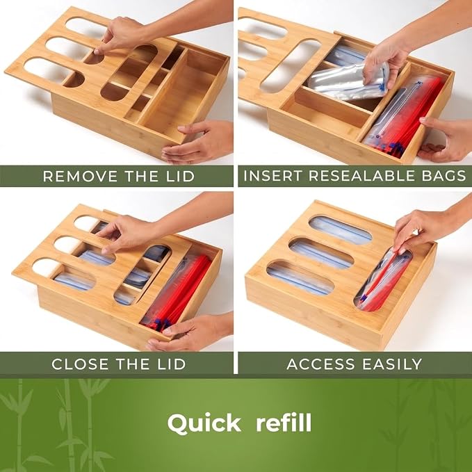 Bamboo Storage Bag Organizer for Drawer – Plastic Bag Organizer for Kitchen | Single Block Design, Quick Refill Slider – Fits Half Gallon, Quart & Snack Size Bags