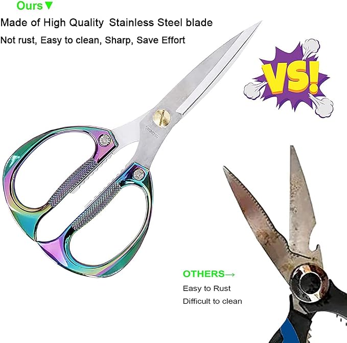 Multi-Purpose Kitchen Shears Scissors, Heavy Duty Stainless Steel Kitchen Scissors for Food with Strong Straight Edge Snips Colorful Handle (Iridescent Color)