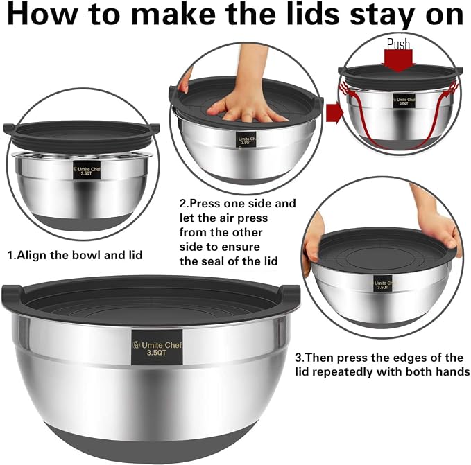 Umite Chef Mixing Bowls with Airtight Lids，6 piece Stainless Steel Metal Nesting Storage Bowls, Non-Slip Bottoms Size 7, 3.5, 2.5, 2.0,1.5, 1QT, Great for Mixing & Serving(Grey)