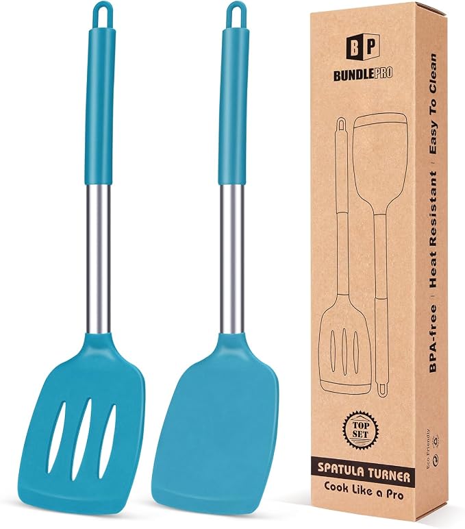 Pack of 2 Silicone Solid Turner, Non Stick Slotted Kitchen Spatulas, High Heat Resistant BPA Free Cooking Utensils, Ideal Cookware for Fish, Eggs, Pancakes(Blue)