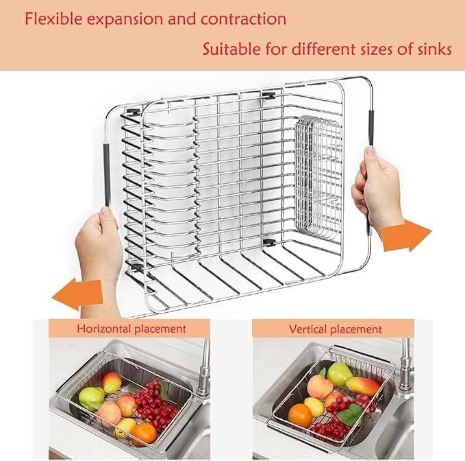 NiuYichee Stainless Steel Dish Drying Rack (15" L X 11" W X 4.1" H), Expandable Fruit & Vegetable Drain Rack Over Sink, Dish Drainer Rack in Sink, with Utensil Holder & Silicone Mat (16")
