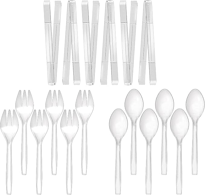 Plastic Serving Utensils, 9" Clear Disposable Utensils 18 Pack, 6 Serving Tongs, Spoons, Forks