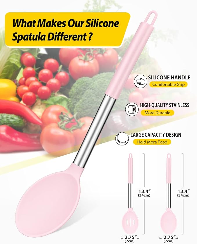 BUNDLEPRO Silicone Cooking Spoons for Non Stick Cookware, 2 Pack, Pink | Heat Resistant, Large Kitchen Spoons for Mixing, Serving, Draining, Stirring