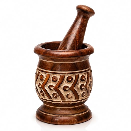 Handmade Wooden Mortar & Pestle Set, Herb Spice Garlic Masala Grinder Bowl | Rustic manual kharal crusher for ginger, peppercorns, seasonings, pesto, guacamole, pill crusher, easy to clean, kitchen prep