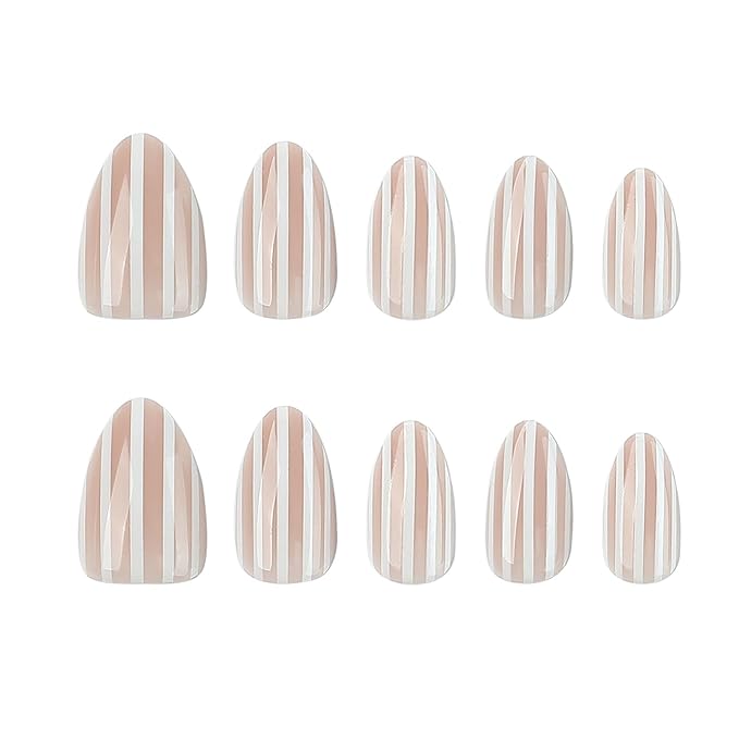 White Stripe Press On Nails Short Almond Fake Nails Full Cover False Nails | Reusable Glue On Nail Glossy Stick On Nail Acrylic Nails Press Ons For Women 24Pcs