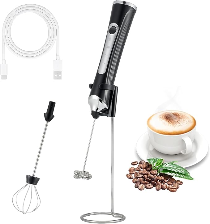 Handheld Electric Milk Frother with 2 Heads, Coffee Whisk Foam Mixer with USB Rechargeable 3 Speeds, Foam Maker Blender for Latte, Cappuccino, Hot Chocolate, Egg (Type 3)