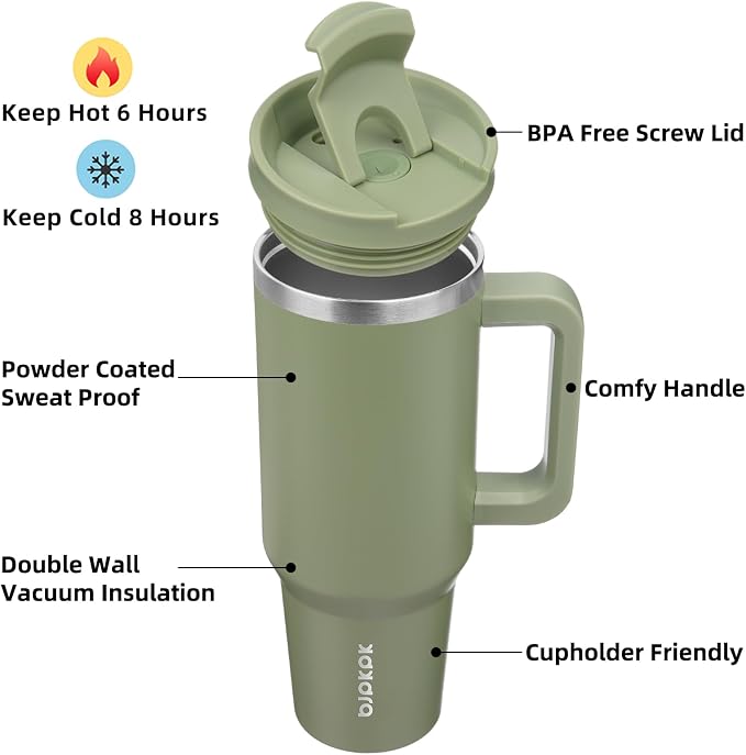 BJPKPK 40 oz Insulated Tumbler with Handle & Straw, Stainless Steel | Double Wall Vacuum Insulation, Leak Proof, BPA Free, Dishwasher Safe, Cupholder Friendly, Travel & Outdoor, Sage