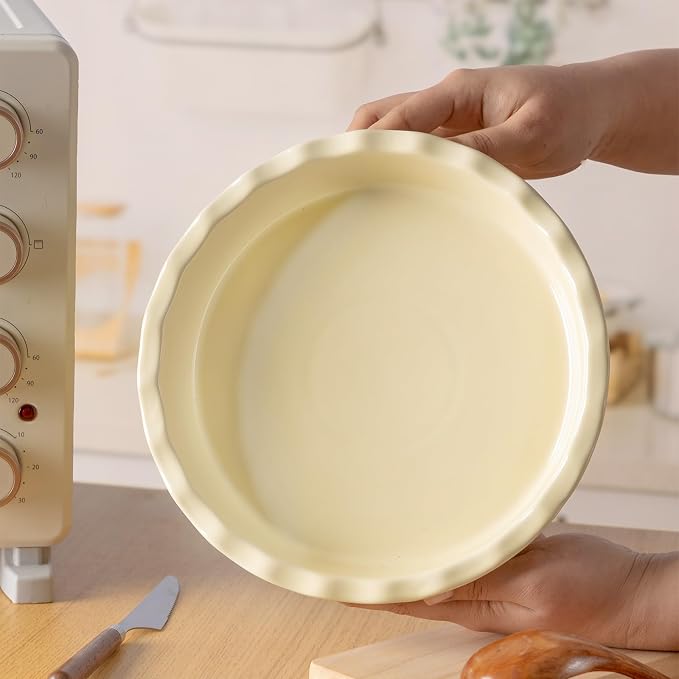 Ceramic Pie Pan for Baking 10 inch, Pie dish for Quiche, Apple Pie, Pot Pies, Deep dish pie plate with ruffled edges, Non-stick Cake Pan, Microwave,Dishwasher,and Oven Safe, Butter Yellow
