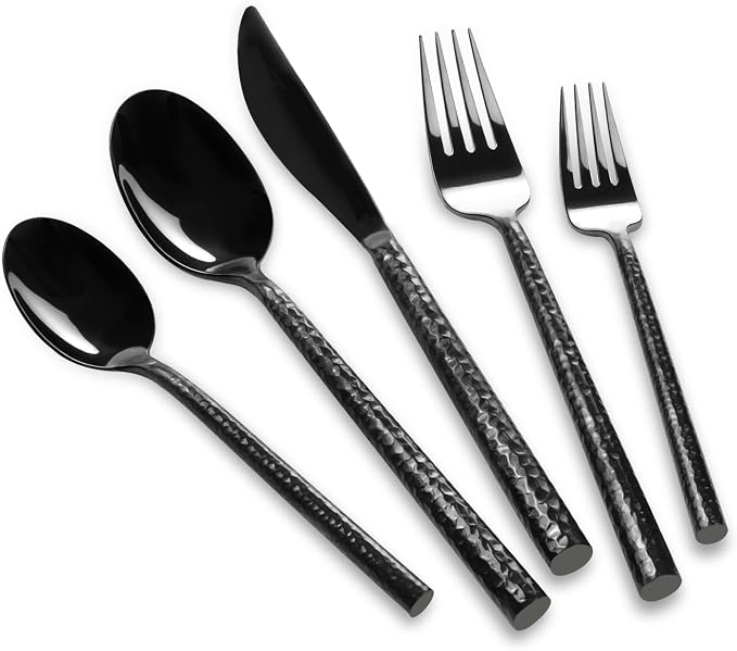 Black Silverware Set Round Hammered Handle 20 Pieces Service for 4 | 18/10 Stainless Steel Flatware Set, Hand Forged Heavy Cutlery, Mirror Finished, Wedding Housewarming Gift, Dishwasher Safe