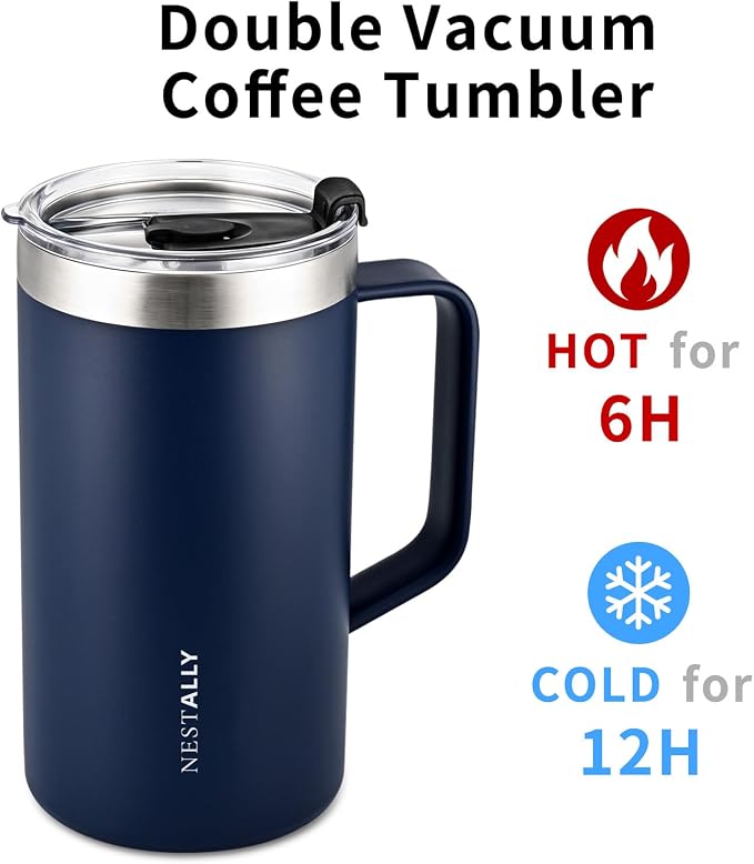 NESTALLY Cozy 20oz Insulated Coffee Mug with Handle & Lid, Navy Blue | Stainless Steel Double Wall Vacuum Travel Mug for Hot & Cold Drinks, Reusable Coffee Tumbler, Non-Slip Base, BPA-Free