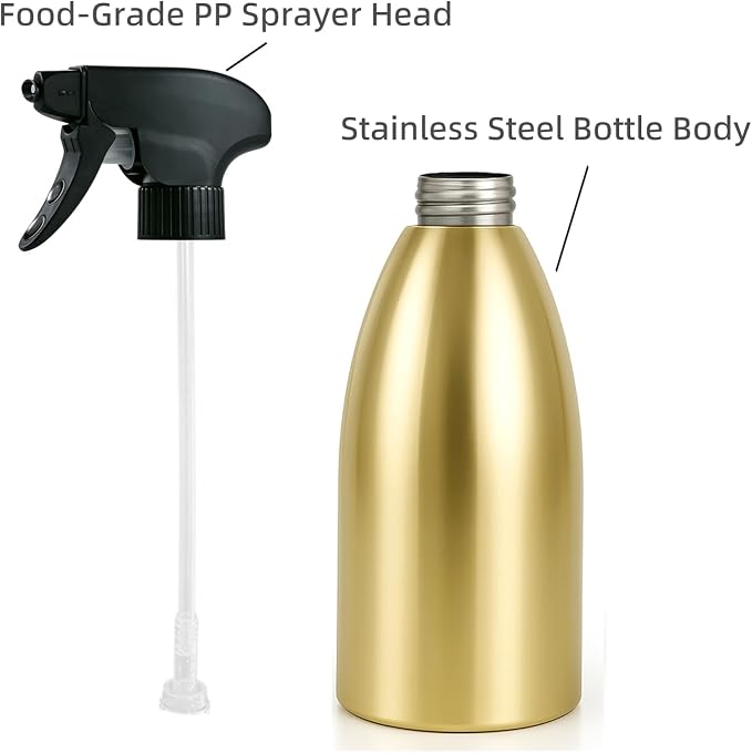 Oil Sprayer for Cooking, 17oz Stainless Steel Olive Oil Mister with Fine Mist Trigger, 500ml Large-Capacity Refillable Dispenser for Air Fryer, BBQ and Salad (Black Gold)