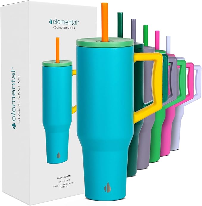 Elemental Spill Proof 40oz Insulated Tumbler with Handle & Straw Travel Mug | Stainless Steel Commuter Travel Coffee Mug for Cold Beverages, Includes 2 Straws & a Spill Proof Lid for Everyday Use