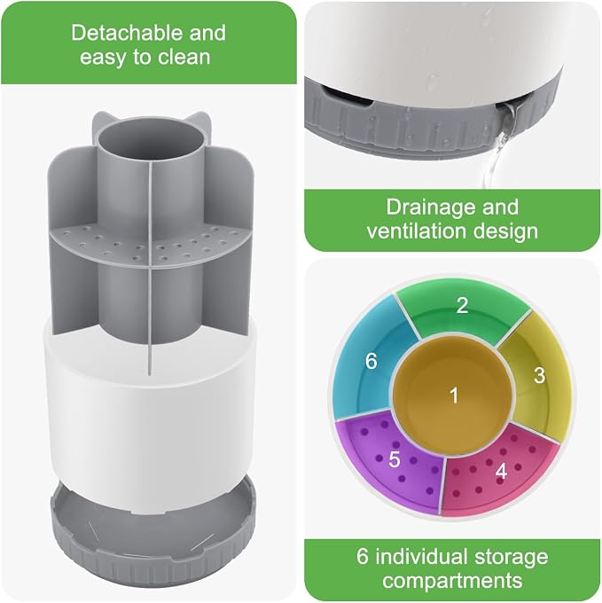 GFWARE Rotating White Toothbrush Holder for Bathroom Organizer, Drainage | Detachable 6 Slots Kids Electric Toothbrush and Toothpaste Holder, Bathroom Countertop Sink Storage Caddy