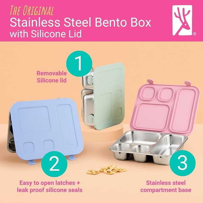 Elk and Friends Kids Stainless Steel Bento Box with Silicone Lid | Leak-proof | Toddler Lunch Container | 4 Compartments | Dishwasher Safe