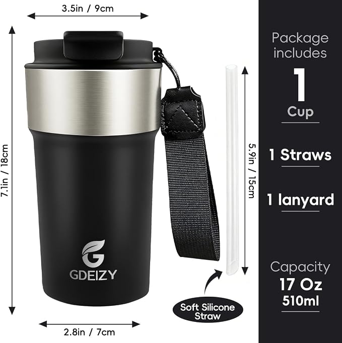 Insulated Travel Coffee Mug, 17oz Stainless Steel Leakproof Flip Straw Cup | Double Wall Vacuum Insulated, BPA-Free Material, Reusable Tumbler for Hot & Cold Drinks, Classic Black, Fits Car Cup Holders