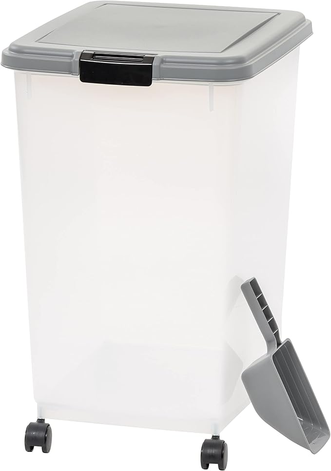Amazon Basics Airtight Pet Food Storage Container with Scoop, BPA Free, Removable Wheels, 69 QT, Gray