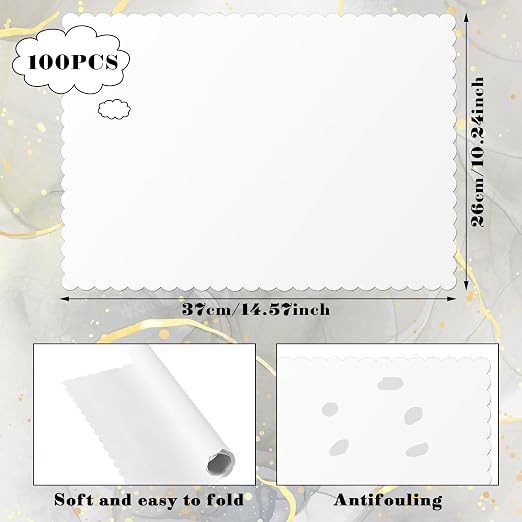100 Pcs White White Disposable Paper Placemats Bulk Scalloped Edge 14.6 x 10.2 Inches Blank Paper Place Mats Bulk Party Blank Table Mat for Adults Holiday Dinning Table Decor