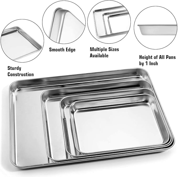 Stainless Steel Baking Sheet Set of 4, Cookie Sheet Pan for Baking Roasting | Cookie Pan Baking Pans Oven Tray, 9/10/12/16 inch, Non Toxic Healthy, Mirror Polishing, Easy Clean Dishwasher Safe
