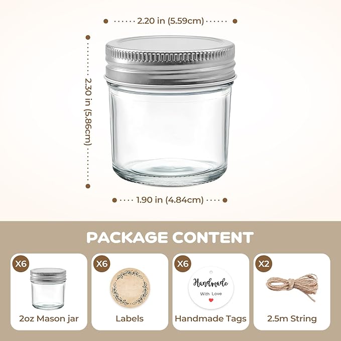 6 Pack 2 oz Mini Mason Jars, Small Glass Jars with Lids | One-piece airtight lids with inner seals; for ginger shots, honey, sauces, spices and wedding favors; labels, twine & tags.