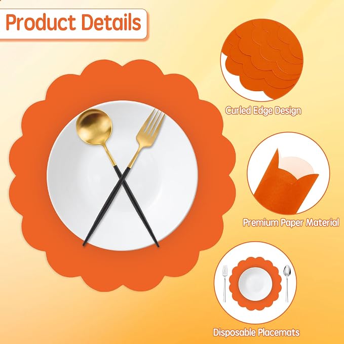 50 Pcs Orange Paper Placemats, 13.5 Inch Disposable Scalloped Placemat Decorative Placemats for Birthday Wedding Baby Shower Banquet Tea Party