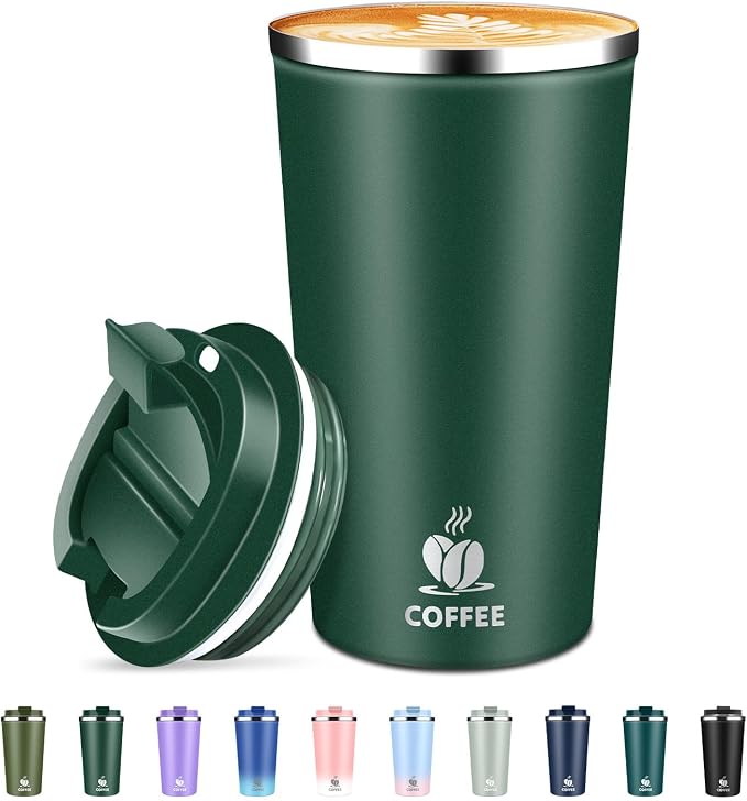 Insulated Travel Coffee Mug Reusable Coffee Tumbler Cup with Flip Lid Leak Proof Spill Proof for Office School Party Camping Hot and Cold Drink,Stainless Steel 17oz (Dark Green)