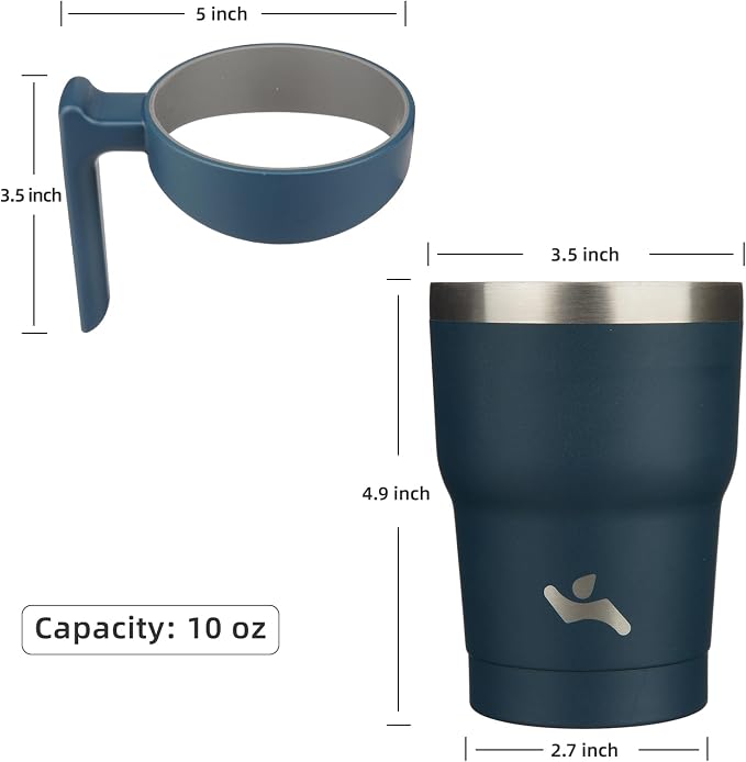 Konokyo 10 oz Tumbler with Handle and Straw, Insulated Travel Mug | Navy Blue; BPA-free, leak-proof tumbler with 2 lids, 2 straws, cup holder fit for coffee, office, travel & daily use