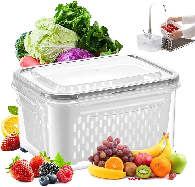 Food Storage Containers for Fridge with Removable Colander, Fruit Storage Containers with Lids, Leakproof Produce Containers Fridge Organizers and Storage for Berry Fruits Vegetables (Gray, L)