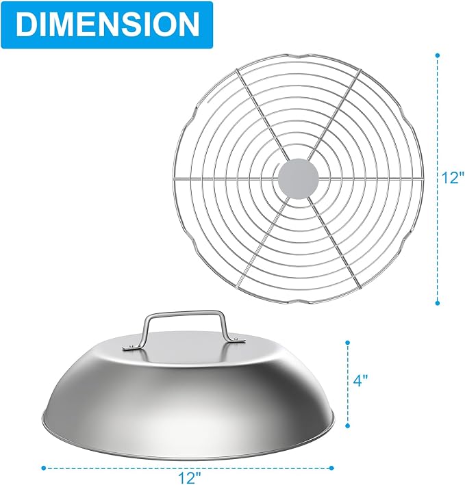 304SS Melting Dome 12" with Wire Rack - Griddle Cover for Flat Top Grills | Fits Blackstone, Camp Chef, Nexgrill. 3-piece set: 1 dome+2 wire rack. Melts cheese fast, steams veggies. Heat-proof handle.