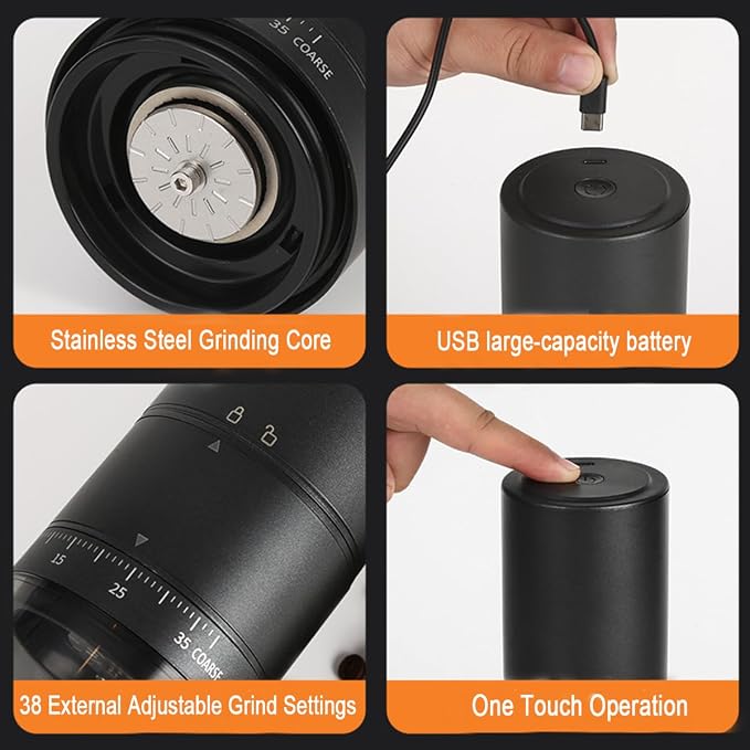 Portable Electric Coffee Grinder with 38 Adjustable Grind Settings – USB Rechargeable Stainless Steel Conical Burr, Coffee Bean Grinder for Espresso, French Press, Travel, Camping, Home & Office Use