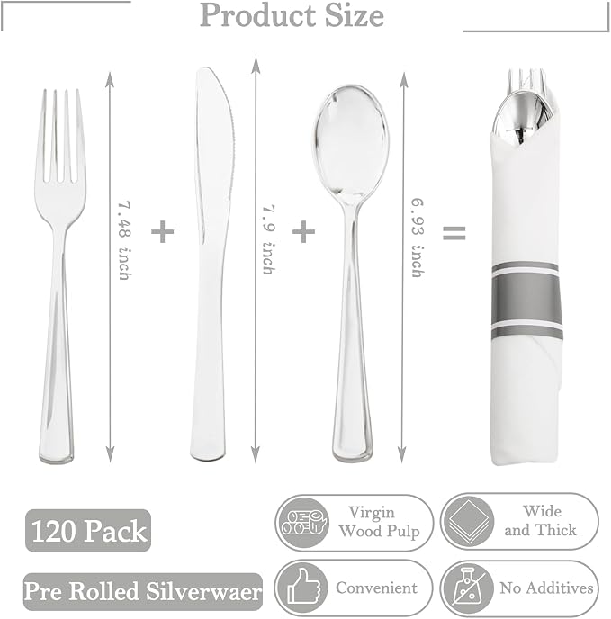 120 Pack Silver Plastic Silverware Wrapped Cutlery Set with Napkin | Heavy Duty Pre Rolled Disposable Silver Cutlery Wrapped Plastic Utensils for Wedding, Birthday, Party & Catering
