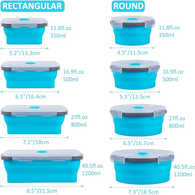 8 Pack Collapsible Food Storage Containers with Lids, Silicone Collapsible Food Containers, Collapsible Storage Containers Sets for Snack Camping RV, Microwave Freezer Dishwasher Safe, Blue